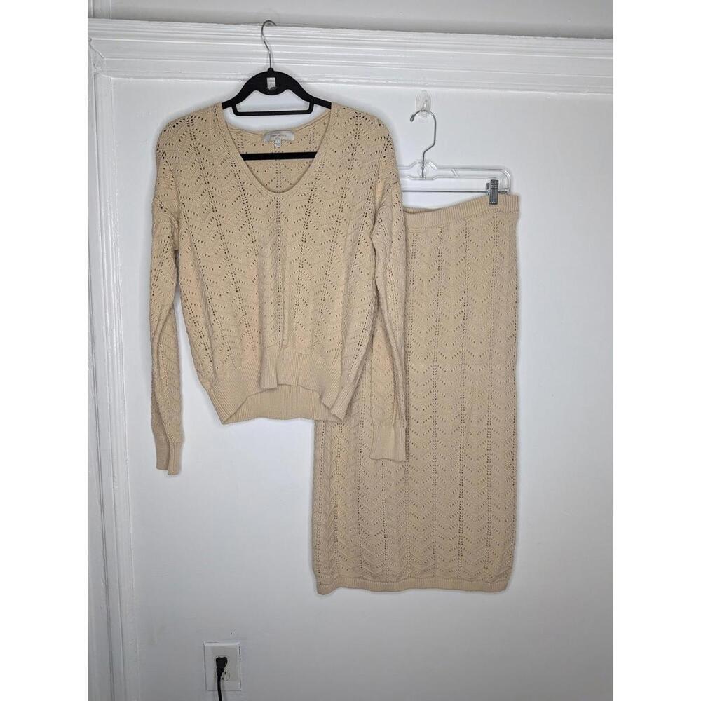 Casa Cabana Knit Sweater Skirt Set Womens Large Beige Chevron V Neck Outfit
